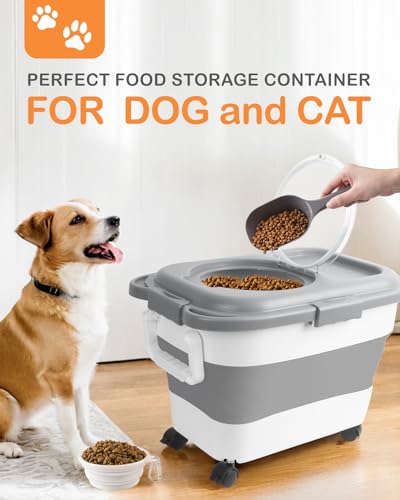 15-23 Lbs Dog Food Storage Container, Collapsible Dog Food Container with Airtight Lid, Wheels, Handle, Large Cat Food Storage Container with Scoop, Dog Bowl for Dog Cat | Dog Food Container with Double Seal & Magnetic Lid,Cat Food Container with Wheels &