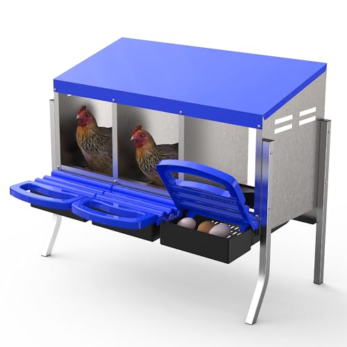 GarveeLife Chicken Nesting Box 3 Hole, Galvanized Steel Nest with Roll Away Egg Collection & Swing Perch, Easy-Clean Laying Box for Hens, Heavy Duty Design for Chicken Coop - color: Blue, size: 3 holes with legs
