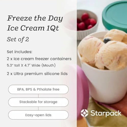 StarPack 'Freeze The Day' Homemade Ice Cream Containers (2-Pack, 1 Quart) - Airtight Silicone Lids, BPA-Free Reusable Ice Cream Freezer Containers with Lids, Stackable - Purple and Jade - color: Purple / Jade, size: 2-Pack 1Qt