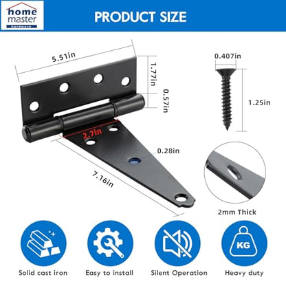 HOME MASTER HARDWARE 8 Inch T-Strap Heavy Duty Shed Door Hinges, Black Tee Hinge for Wooden Fences,Yard Door, Barn Door Gates, Rustproof Wrought Iron with Screws, 4 Pack - size: 8 in-4 Pack