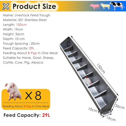 2-in-1 Livestock Feed Trough for Swine, Sheep & Horses - Multi-Compartment Design for Efficient Feeding in Farms & Stables - Durable & Easy to Clean - size: 150cm Long with 8 Bit