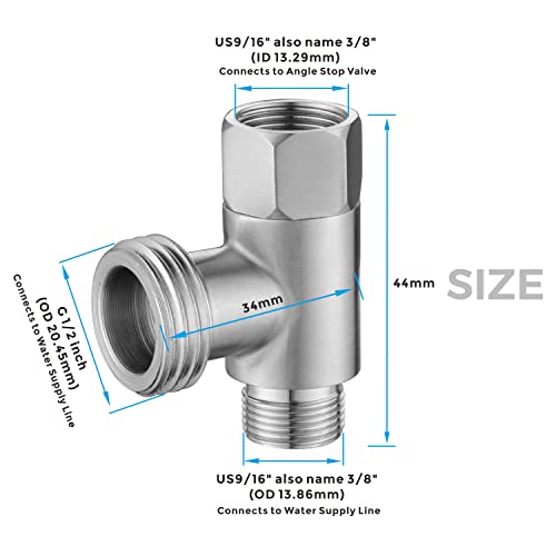 3/8 x 1/2 Adapter T Connector, ADD-A-Tee Adapter 3 Way Valve 3/8 Tee Compression, Stainless Steel Splitting Water Supply T Pipe Fitting for Bidet Hose, Angle Stop Valve T Connector