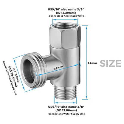 3/8 x 1/2 Adapter T Connector, ADD-A-Tee Adapter 3 Way Valve 3/8 Tee Compression, Stainless Steel Splitting Water Supply T Pipe Fitting for Bidet Hose, Angle Stop Valve T Connector