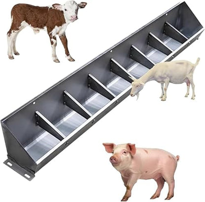 Fengfei Heavy Duty Stainless Steel Hanging Livestock Feed Trough, Sloped Opening for Easy Feeding, Separated Fence Design for Pig Sheep Cattle,59 inch Long with 8 Bit | Sloped Opening for Easy Feeding, Separated Fence Design, For Pig Sheep Cattle - size: