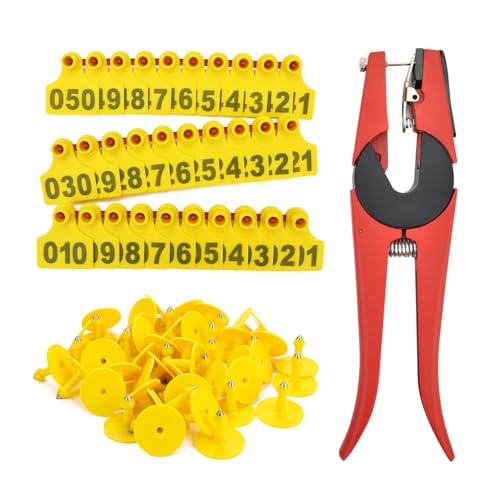 Pig Ear Tags 001-100 Number Plastic Livestock Tag with Punch Applicator Plier Tools for Farm Animal Sheep Goat Deer Ear, 100pcs Yellow - color: Yellow, size: Pig Ear Tags