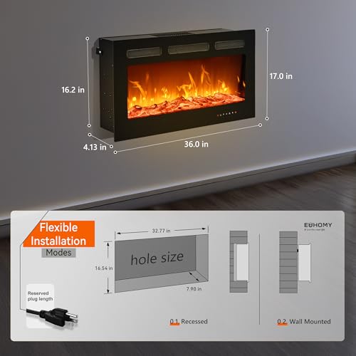 EUHOMY 36 Inch Electric Fireplace Wall Recessed and Wall Mounted with Adjustable Flame Color, Fireplace Heater with Remote Control, Linear Fireplace with Timer, Touch Screen, Log & Crystal, 750/1500W - size: 36 Inch