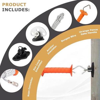 Electric Fence Bungy Gate Kit, Electrified Bungee Gate Handle with Elasticized Rope for Livestock, Insulators Temporary System, Easy Installation
