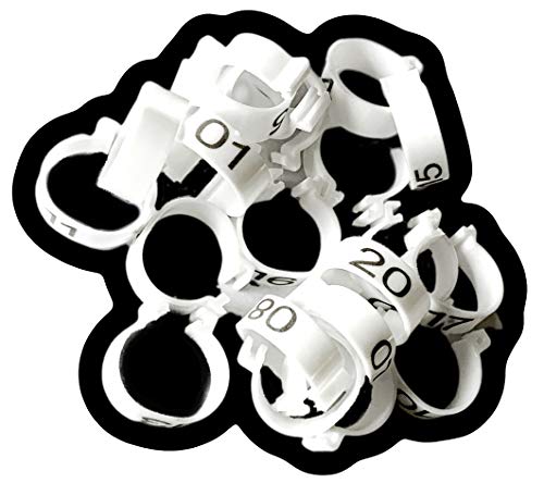 Chicken Leg Rings - 20 Numbered Tag Markers for ADULT Birds | 1/2” to 5/8” legs | Clip On Poultry Ankle Bands for Gamefowl,Ducks, Guineas | Colored ID Legband for Breeding Marking, & Banding | Fowls - color: White, size: Medium