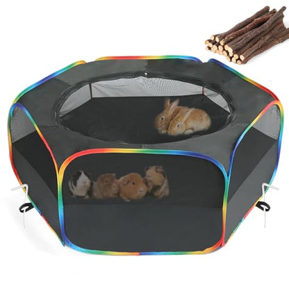 Small Animal Playpen, Chick Brooder Box, Guinea Pig Hamster Indoor Playpens & Outdoor Pet Cage Tent with Cover Top, for Kitten/Ferret/Hedgehog/Rabbit/Duckling, Black & Rainbow
