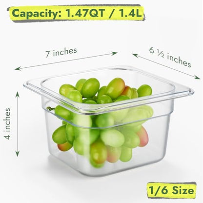 CURTA 6-Pack 1/6 Size 4" Deep NSF Polycarbonate Food Pans with Handled Lids & Drain Trays | Dishwasher & Freezer Safe Clear Container for Prep Tables, Buffet, Salad Bar, Commercial & Home Kitchen - color: 1/6 Size, size: 4" Deep Pan with Lid