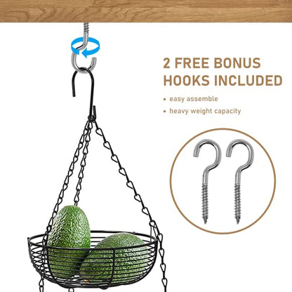 CAXXA 3-Tier Hanging Basket Fruit Organizer Kitchen Heavy Duty Wire Organizer with 2 Free Bonus Metal Ceiling Hooks, Black - color: Black