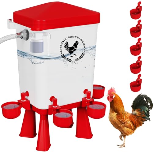 Chicken Waterer, 3 Gallons Automatic Chicken Waterers with 5ft Pipe, Float Controlled Automatic Poultry Water Feeder, 5 Chicken Waterer Cups (Red, 3 Gallons) - color: Red