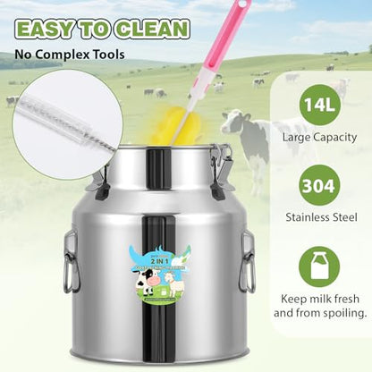 Upgraded 2 in 1 Goat Milking Machine 14L, 304 Stainless Steel Bucket, with 4 Teat Cups for Goat & Cow, Continuously Adjustable Pulsation Vacuum Milker - size: 14L