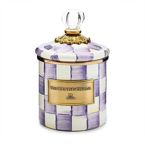 MACKENZIE-CHILDS Enamel Canister, Versatile Kitchen Storage Container for Flour and Sugar, Demi, 24-Ounce Capacity, Purple-and-White Violet Check - color: Violet Check