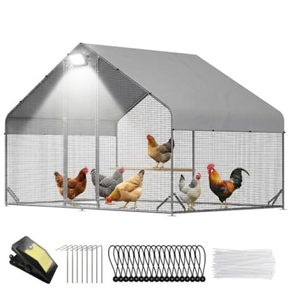 Large Metal Walk-in Chicken Coop with Run & Hardware Cloth, Predator-Proof Outdoor Poultry Cage with Solar Light, Waterproof & UV-Resistant Cover for Backyard Farm - size: 118.0"L x 78.0"W x 78.0"H