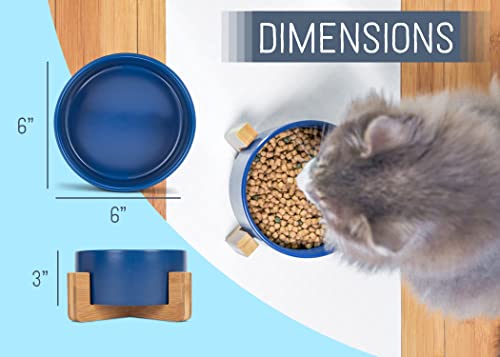 NAT & Jules Small Navy 6 inch Stoneware Ceramic and Wood Pet Bowl with Stand - color: Navy