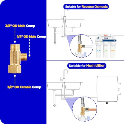 Add-A-Tee Adapter，Lead-Free Splitting Water Supply Fitting 3/8" Compression Inlet x 3/8" Outlet x 1/4" Outlet，Brass 3 Way Adapter Or Tee Connector With Sealing Gasket(1 PCS) - size: 1/4 Comp-3/8 Comp-3/8 Comp Tee