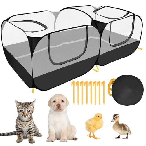 Lukovee Small Animals Playpen, Chicken Pen with Escape-Proof Detachable Bottom & 4 Zipper Doors, Breathable Foldable Portable Large Chicken Run Coop for Puppy Duck Kitten Rabbits Outdoor Yard (Black) - color: Black - with Escape-proof Bottom