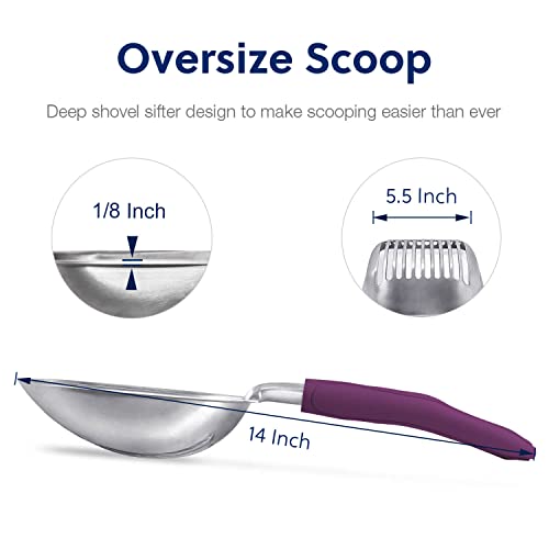 WePet Cat Litter Scoop, Aluminum Alloy Sifter, Kitty Metal Scooper, Deep Shovel, Long Handle, Poop Sifting, Kitten Pooper Lifter, Durable, Heavy Duty, for Litter Box - color: FLAT Aluminum \ #07 Violet Handle, size: Large