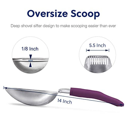 WePet Cat Litter Scoop, Aluminum Alloy Sifter, Kitty Metal Scooper, Deep Shovel, Long Handle, Poop Sifting, Kitten Pooper Lifter, Durable, Heavy Duty, for Litter Box - color: FLAT Aluminum \ #07 Violet Handle, size: Large