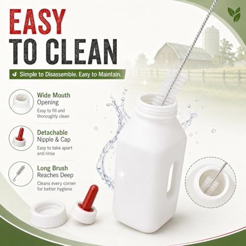 Calf Feeding Bottle 2 Quart with Screw Nipple, Livestock Nursing Bottle Kit with 4 Extra Rubber Nipples & Long Cleaning Brush, Easy-Grip Milk Bottle for Calves, Lambs, Goat Kids, Farm Feeding Supplies