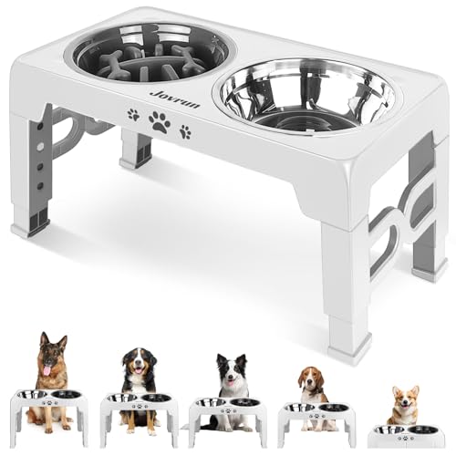 Jovrun Elevated Dog Bowls for Medium Large Size Dogs, Non-Slip Dog Feeder with 1*Stainless Steel Dishes & 1*Slow Feeder Bowl, 5 Heights Adjustable Raised Bowls to 3.15″-8.66″-9.84″-11.02″-12.2″ - color: White, size: for Medium Large Dogs 1 Basic&1Slow Bow