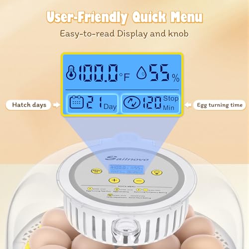 Sailnovo 18 Eggs Incubator for Hatching Eggs with Automatic Egg Turning, Humidity Level Display, Egg Candler, Hatch Days & Incubator for Chicken Eggs,Ideal for Farm,School and Lab (Yellow)