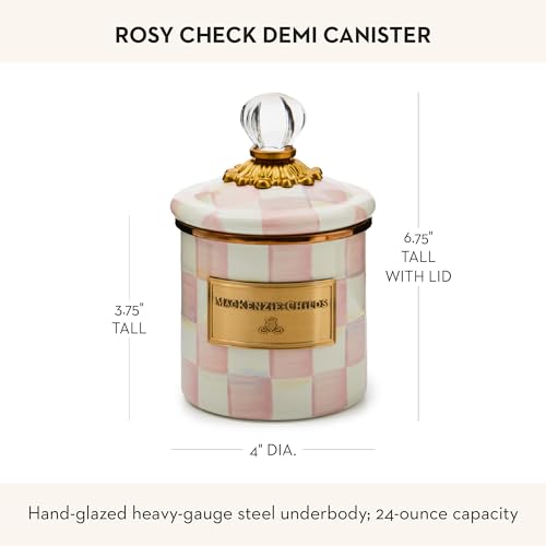 MACKENZIE-CHILDS Enamel Canister, Versatile Kitchen Storage Container for Flour and Sugar, Demi, 24-Ounce Capacity, Pink-and-White Rosy Check - color: Rosy Check