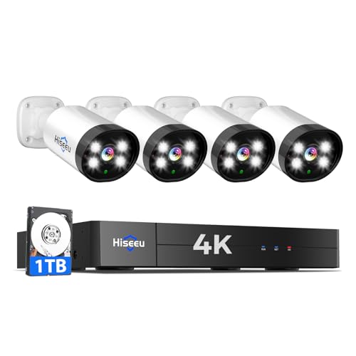 Hiseeu 4K Wired Security Camera System Outdoor with Audio,Smart Dual Light,AI Human/Vehicle Detection,1TB HDD,4K Surveillance DVR Kit 8CH,4X8MP Home CCTV Cameras,Smart Playback,100ft Night Vision - color: White 4 CH