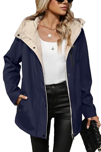 Bellivera Women's Lightweight Coat Windbreaker Zip Up Long Sleeve Jacket Outdoor Raincoat with Hood - color: Blue Windbreaker, size: Small