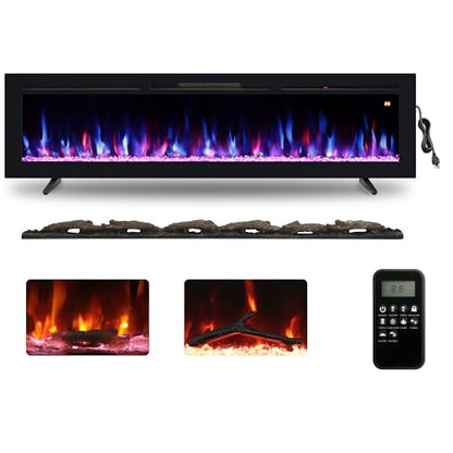 70" Electric Fireplace, Recessed, Wall Mounted and Freestanding Fireplace Heater, Adjustable Flame Color, Speed & Brightness, Thermostat, 9H Timer, Child Lock - size: 70"