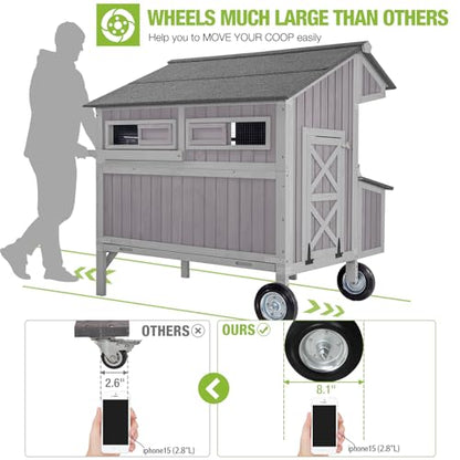 GUTINNEEN Chicken Coop Mobile Duck Coop with Super Large Wheels Durable Hen House 48.6" Outdoor Rabbit Hutch with Nesting Box for 3-6 Chickens - size: 48.6"L x 41.0"W x 52.1"H