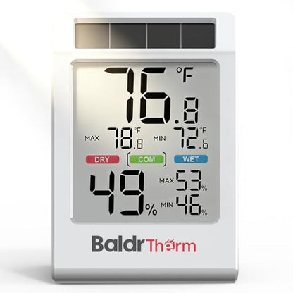 BALDR Indoor Thermometer Hygrometer, Solar Power with Battery Backup, Large Display, Daily Max/Min & Comfort Indicator Humidity Meter (White) - color: White