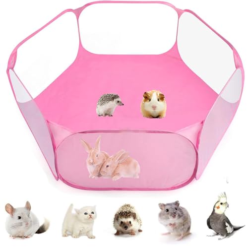 Small Animals Tent, Breathable Transparent Pet Playpen Pop Open Outdoor/Indoor Exercise Fence, Portable Yard Fence for Guinea Pig, Rabbit, Hamster, Chinchillas and Hedgehogs - color: Pink