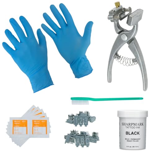 Small Animal Complete Tattooing Kit with 0-9 & A-Z, Nitrile gloves, and Ink for Identification of Sheep, Pigs, Goats, Rabbits, and Other Livestock - color: Black