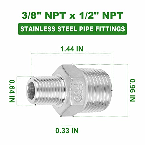 TAISHER 5PCS Cast 304 Stainless Steel Hex Nipple, Reducer Pipe Fitting 1/2-Inch Male Pipe x 3/8-Inch Male Pipe - size: 1/2" NPT x 3/8" NPT