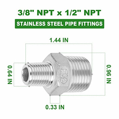 TAISHER 5PCS Cast 304 Stainless Steel Hex Nipple, Reducer Pipe Fitting 1/2-Inch Male Pipe x 3/8-Inch Male Pipe - size: 1/2" NPT x 3/8" NPT