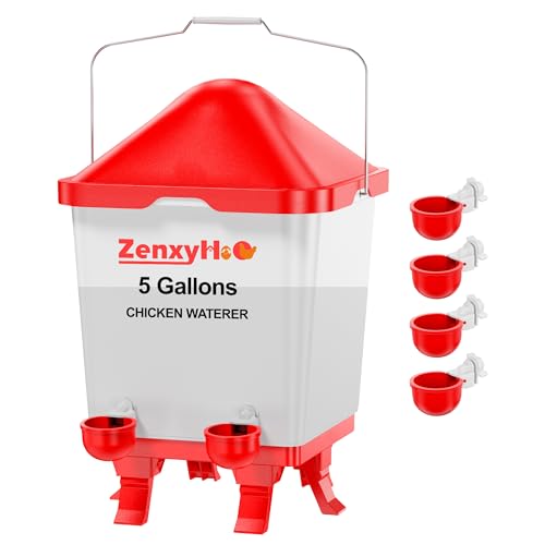 ZenxyHoC 5.0 Gallons Chicken Waterer Bucket with 4 Double-Layer Waterer Cups, Adjustable Heights and Anti Roost Cone - style: Waterer with Cups