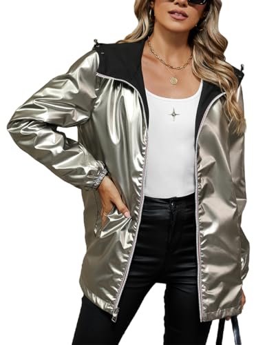 Bellivera Women's Lightweight Coat Windbreaker Zip Up Long Sleeve Jacket Outdoor Raincoat with Hood - color: Silver Windbreaker, size: Large