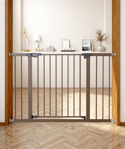 Baby Gate for Stairs, 30'' Tall 29.5-46" Extra Wide Dog Gate for Stairs Walk Thru Auto Close Metal Pet Gate for The House, Stairs and Doorways Child Gate Pressure Mounted Safety Gate Indoor - Brown - color: Brown, size: 29.5-46"W x 30"H