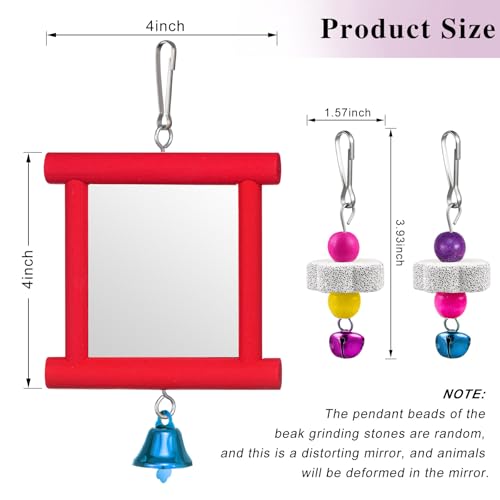 Sumind 2 Pieces Chicken Mirror Toys Hanging Swing Mirror with Bell Wooden Pecking Toy and 4 Pieces Beak Grinding Molar Stones for Hens Birds Parrots(Red,Green) - color: Red,green