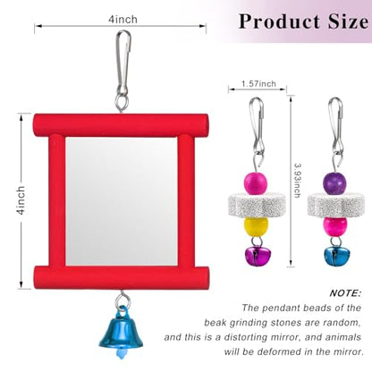 Sumind 2 Pieces Chicken Mirror Toys Hanging Swing Mirror with Bell Wooden Pecking Toy and 4 Pieces Beak Grinding Molar Stones for Hens Birds Parrots(Red,Green) - color: Red,green