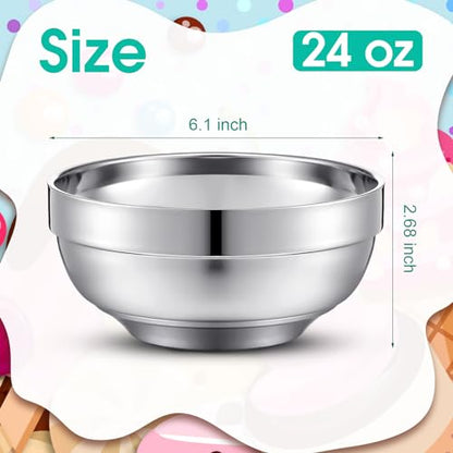 Funnymoom 8 Pack 24 oz Stainless Steel Bowls Double Walled Insulated Soup Ice Cream Metal Mixing Nesting Bowls for Serving Soup Rice Cereal (304 Stainless Steel) - size: 24 oz