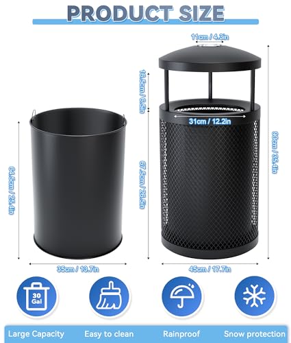 Outdoor Trash Can Commercial, Heavy Duty Large Metal Garbage Can for All Weather Resistant, Garbage Bin Waste Receptacle for Parks, Streets, Patio, Public Spaces (30 Gal-Round-Lid)