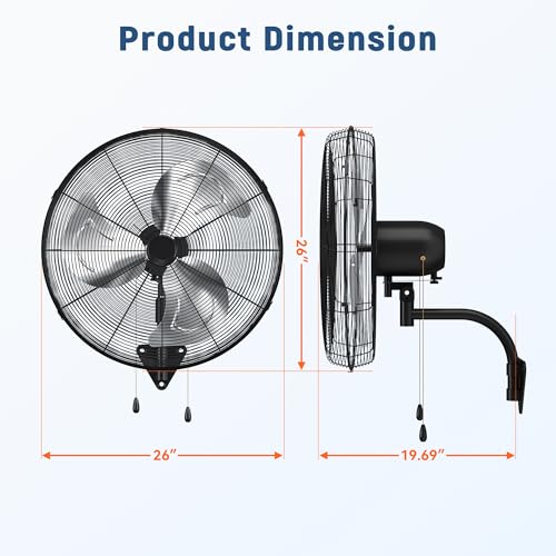 26 Inch Industrial Wall Mount Fan, Heavy Duty High Velocity Oscillating Wall Fan with 3 Speeds, 360° Adjustable Tilt Wall Mounted Fan for Garage, Workshop, Warehouse, Patio, Commercial and Home - size: 26 INCH