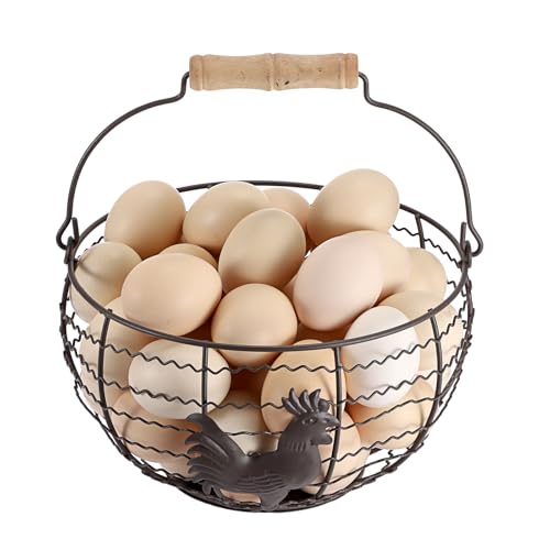 Farmhouse Egg 8'' Basket for Gathering Fresh Eggs, Rustic Metal Wire Chicken Eggs Holder Basket for Countertop Kitchen, Wire Egg Basket Vintage Style, Round, Rooster Pattern, Solid Bottom - size: 1 PACK