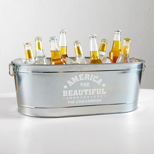 Let's Make Memories Personalized Beverage Tub - Custom America 250 Beverage Tub - Galvanized Drink Tub - 20 ¾"L x 11 ¾"W x 7" H - 5.5 Gallons - America250 America the Beautiful w/Stand - color: America250 America the Beautiful, size: With Stand