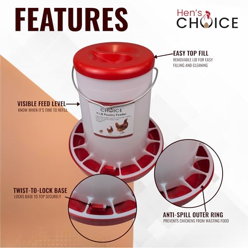 Hen's Choice 11 LB Poultry Feeder, Twist Lock Base, Adjustable Legs, Hangable with Lid (Red) - color: Red