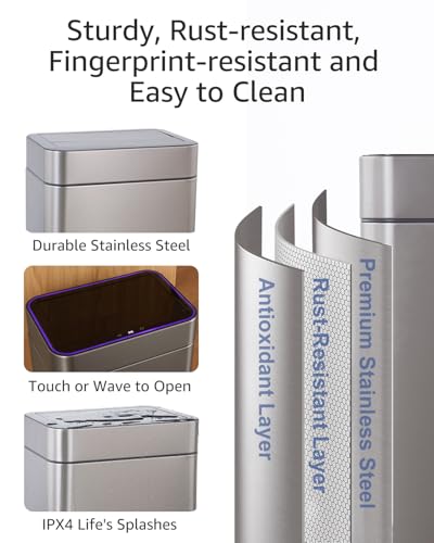zyz Kitchen Trash Can 13 Gallon / 50L, Automatic Touchless Sensor Garbage Can with Butterfly Lid and Legs, USB 2400mAh Battery, Stainless Steel Soft-Close Trash Bin for Home (20 Count Trash Bags) - color: 20 Count Trash Bags