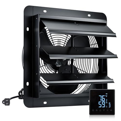 GROWNEER 14 Inch Shutter Exhaust Fan with Temperature Humidity Controller, 1700 CFM Remote Control Attic Fan, 10-Speed Adjustable Wall Mount Vent Fan for Green House, Garage, Shed, Attic - style: 14 Inch with Temperature Humidity Controller